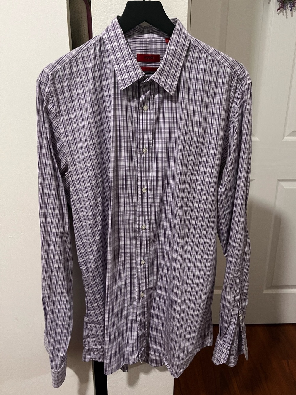 HUGO Purple and White Plaid Dress Shirt